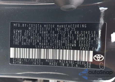 2025 Toyota Corolla Le from USA, damaged, VIN 5YFB4MDE4SP312101